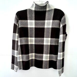 Max Studio Pullover Mock Neck Sweater, Black and White Block Plaid Print, Size L